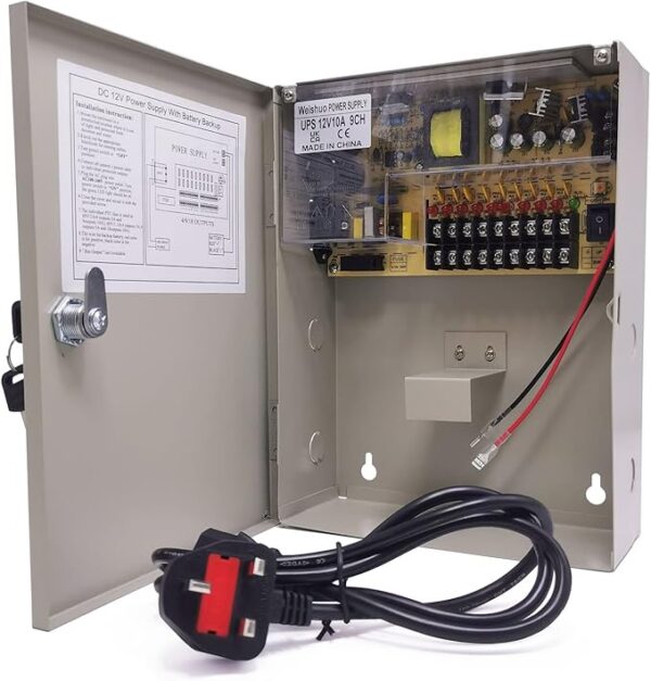 FONTE DE ALIMENTAÇÃO CCTV 12 V 10 A, BATERIA DE RESERVA, UPS, 9 CANAIS, COM FICHA CA PARA CÂMARA DE VIGILÂNCIA, CONTROLO DE ACESSOS, LED