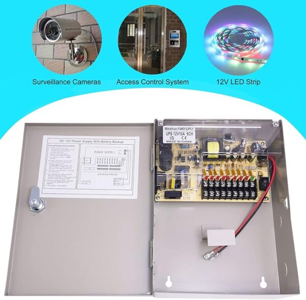 FONTE DE ALIMENTAÇÃO CCTV 12 V 10 A, BATERIA DE RESERVA, UPS, 9 CANAIS, COM FICHA CA PARA CÂMARA DE VIGILÂNCIA, CONTROLO DE ACESSOS, LED - Image 5