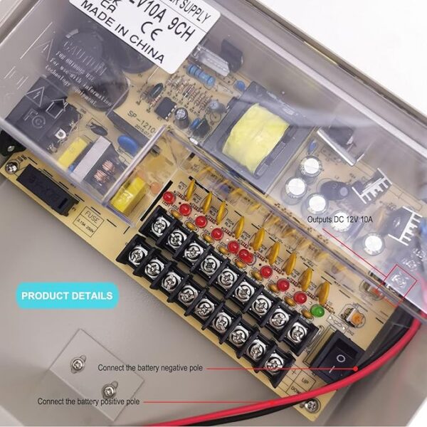 FONTE DE ALIMENTAÇÃO CCTV 12 V 10 A, BATERIA DE RESERVA, UPS, 9 CANAIS, COM FICHA CA PARA CÂMARA DE VIGILÂNCIA, CONTROLO DE ACESSOS, LED - Image 6